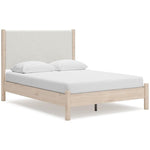 Lit double TOCO Meubles Margot en bois clair avec tête de lit rembourrée texturée blanc cassé, style boho minimaliste.