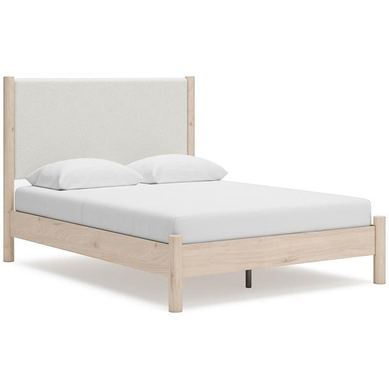 Lit double TOCO Meubles Margot en bois clair avec tête de lit rembourrée texturée blanc cassé, style boho minimaliste.