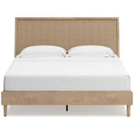 TOCO Meubles Lit Olive en bois clair avec tête de lit en cannage beige, style contemporain.
