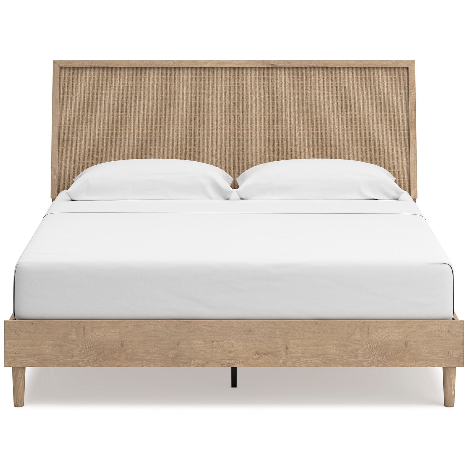 TOCO Meubles Lit Olive en bois clair avec tête de lit en cannage beige, style contemporain.