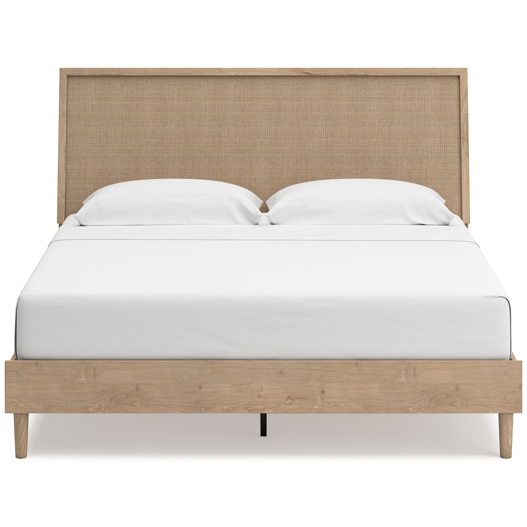TOCO Meubles Lit Olive en bois clair avec tête de lit en cannage beige, style contemporain.