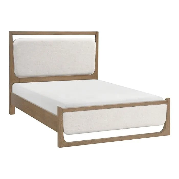 Lit Samora TOCO Meubles en bois brun clair avec tête et pied de lit rembourrés blancs, éclairage DEL intégré.