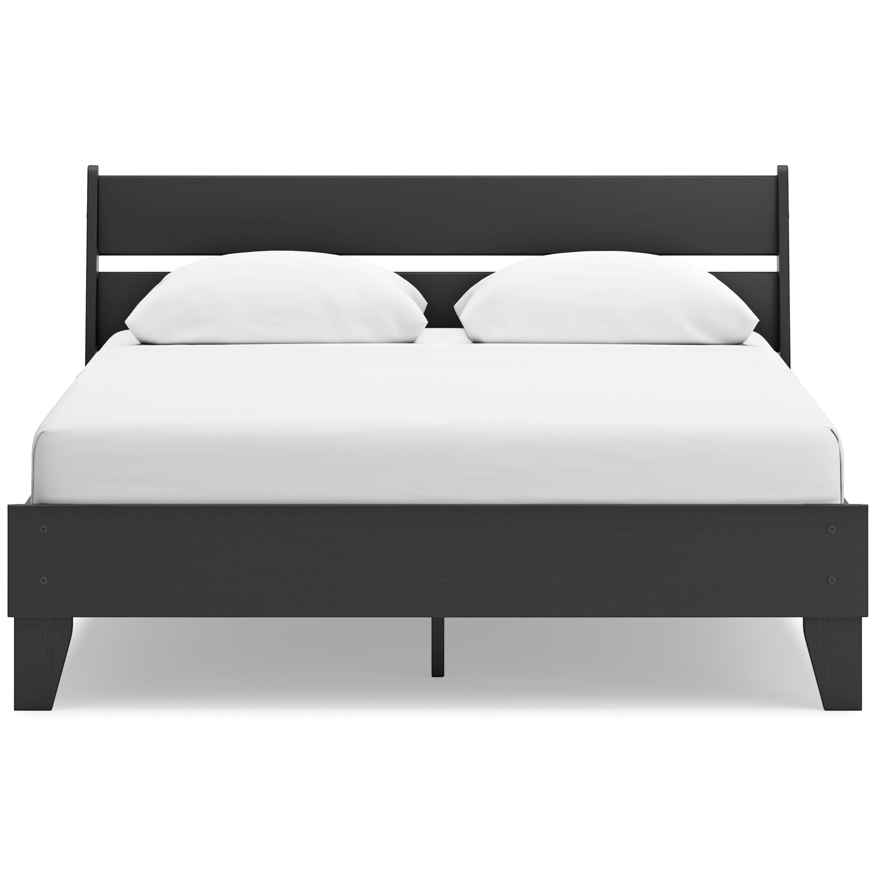 Lit double noir Solene de TOCO Meubles avec tête de lit à lattes et pieds inclinés, style contemporain.