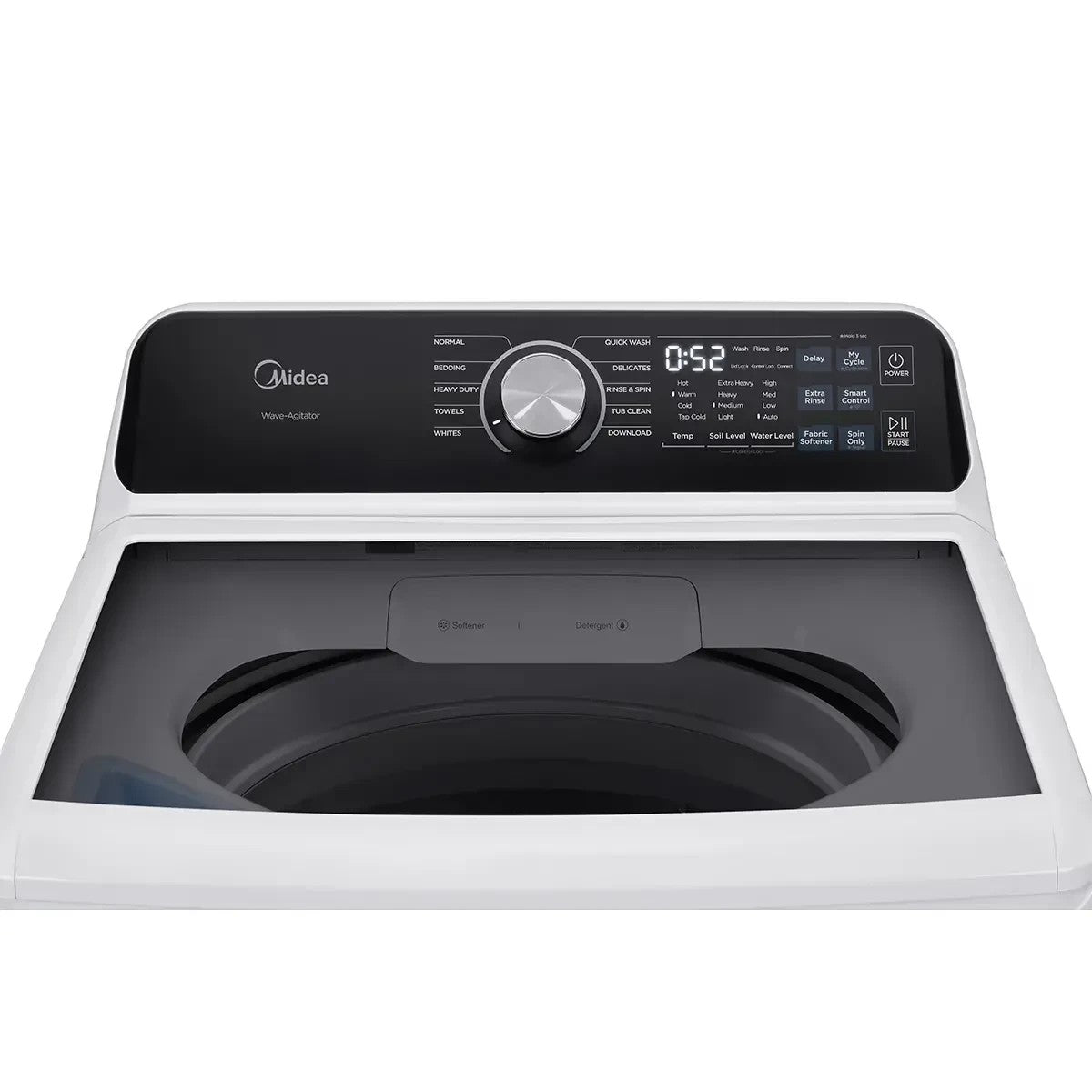 TOCO Meubles MIDEA white top-load wave agitator washing machine with digital display and cycle selector.