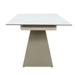 Table de salle à manger Sinastra TOCO Meubles en céramique effet marbre blanc avec piètement kaki mat, extensible