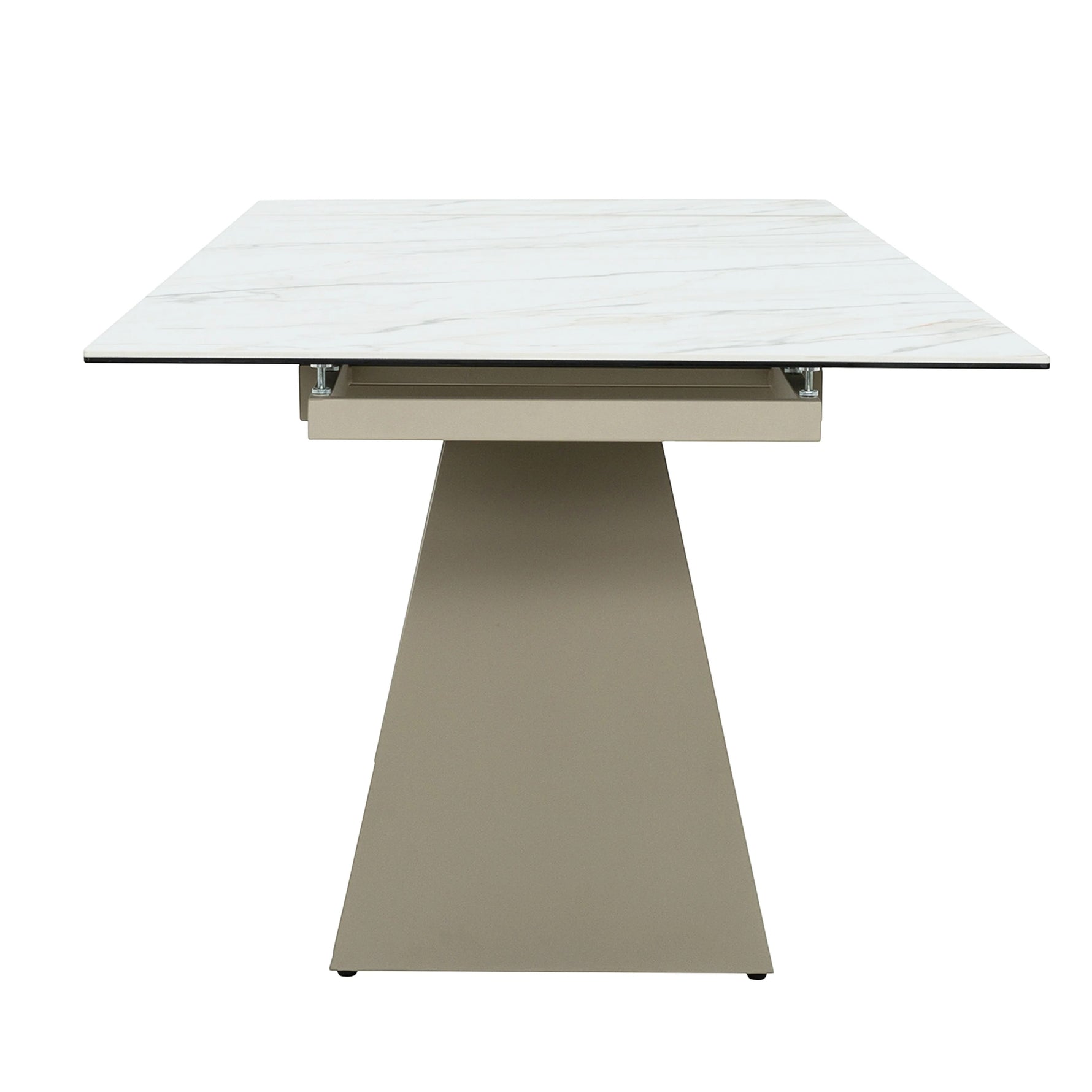 Table de salle à manger Sinastra TOCO Meubles en céramique effet marbre blanc avec piètement kaki mat, extensible