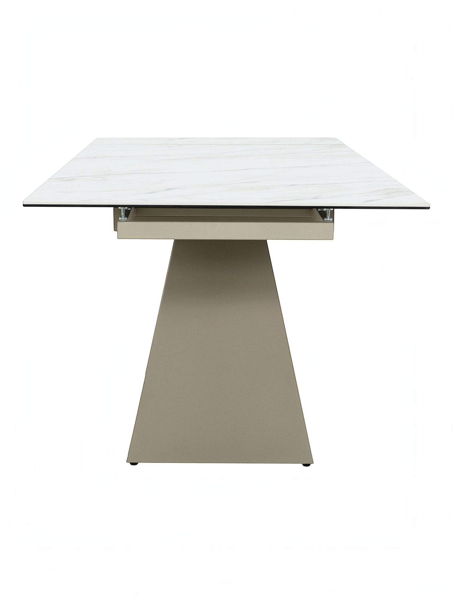 Table de salle à manger Sinastra TOCO Meubles en céramique effet marbre blanc avec piètement kaki mat, extensible