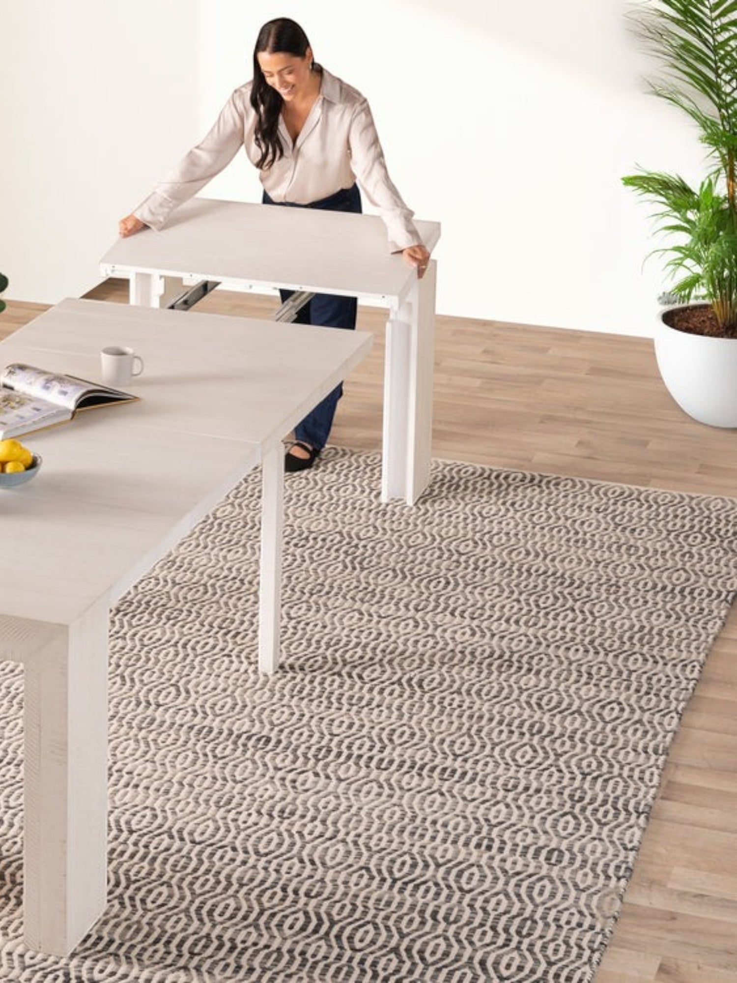 TOCO Meubles Table de salle à manger extensible en bois de bouleau canadien, blanc vieilli, design moderne