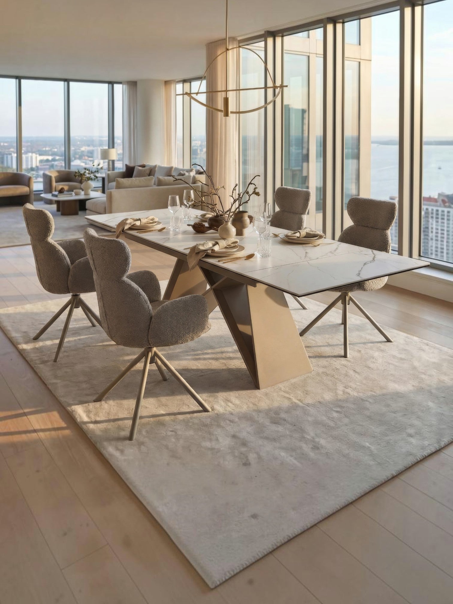 Table de salle à manger Sinastra TOCO Meubles en céramique effet marbre blanc avec piètement kaki mat, extensible.