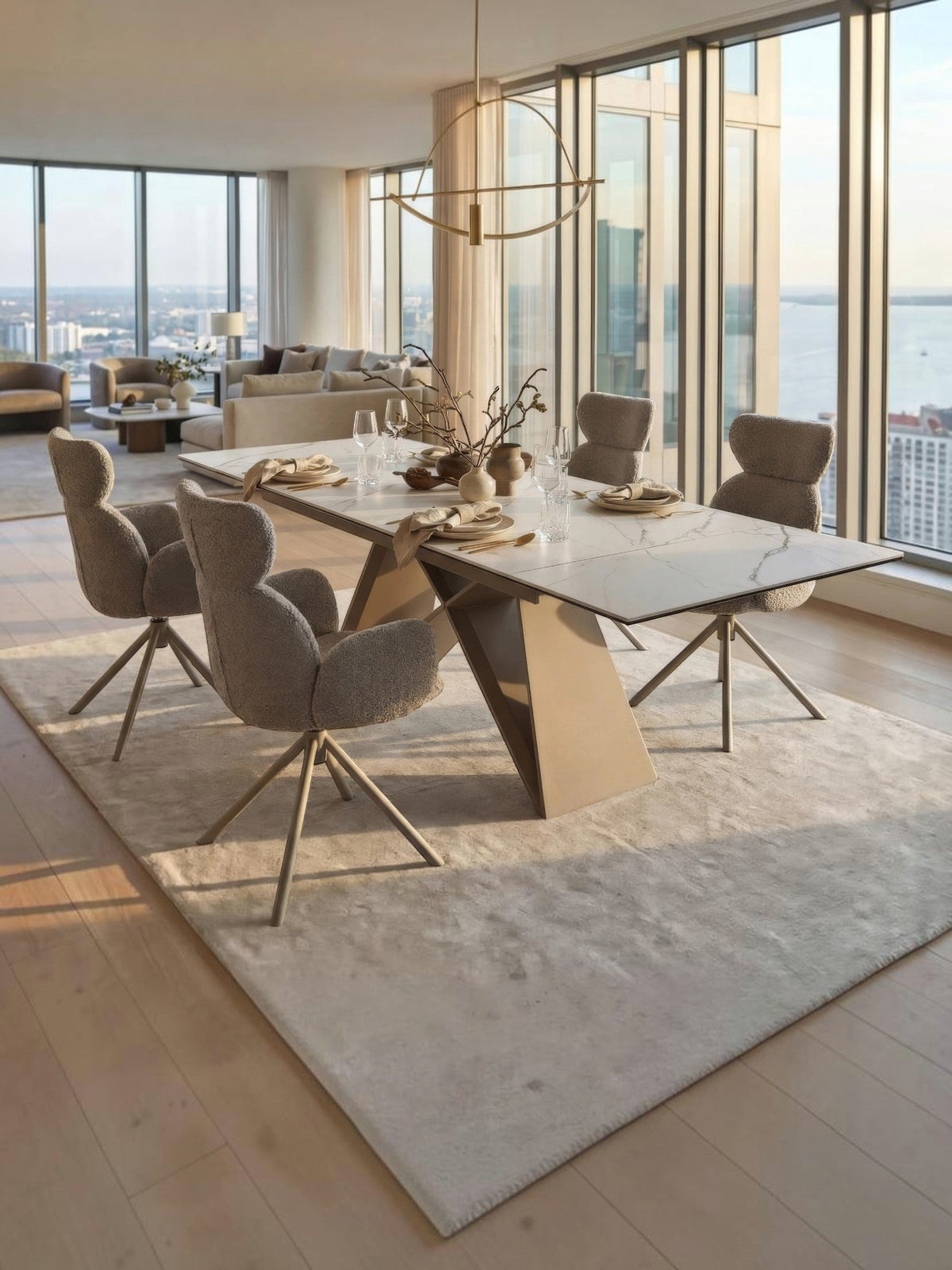 Table de salle à manger Sinastra TOCO Meubles en céramique effet marbre blanc avec piètement kaki mat, extensible.