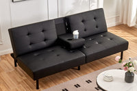 Sofa-Lit en PU Noir avec Plateau Rabattable et Porte-Gobelets | 1908-FI