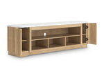 Meuble télé TOCO Meubles Milan 80 pouces en bois clair, portes des armoires ouvertes montrant les tablettes de rangement